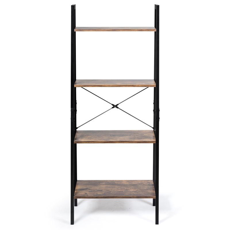 Costway 4-Tier Contemporary Wood and Metal Ladder Bookcase in Natural and Black