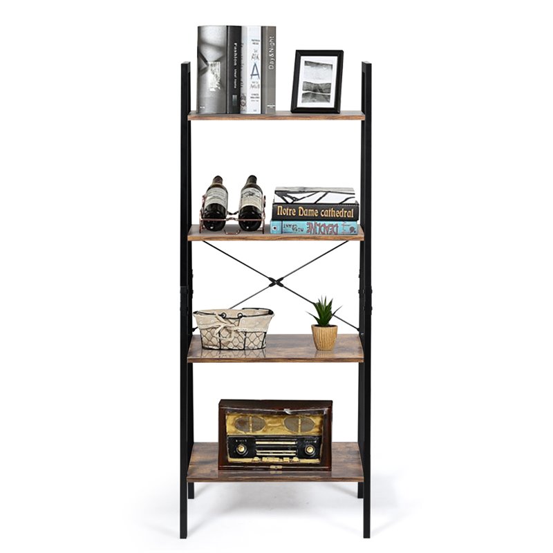 Costway 4-Tier Contemporary Wood and Metal Ladder Bookcase in Natural and Black