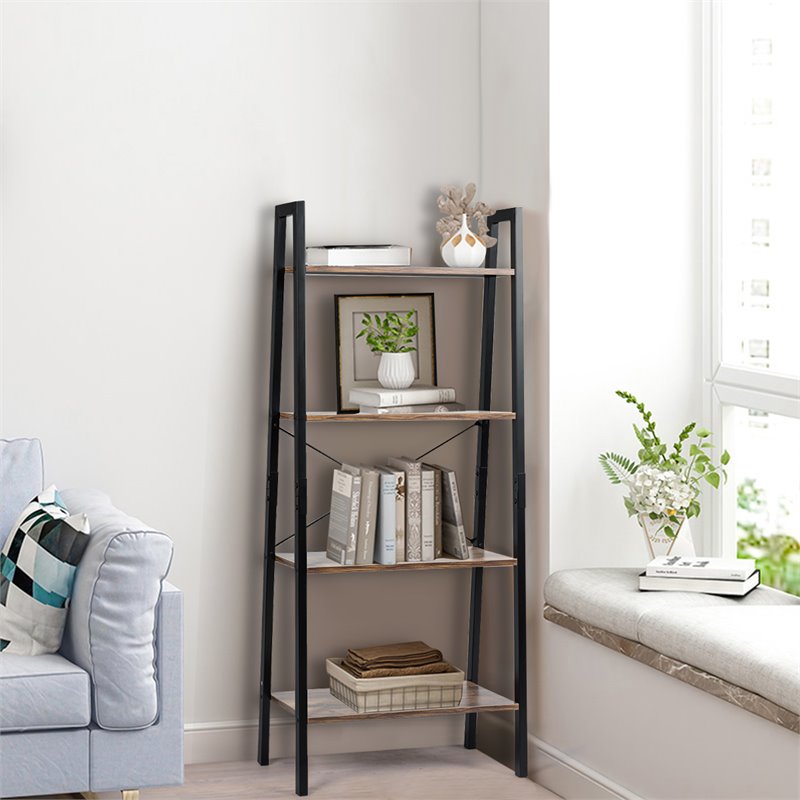 Costway 4-Tier Contemporary Wood and Metal Ladder Bookcase in Natural and Black