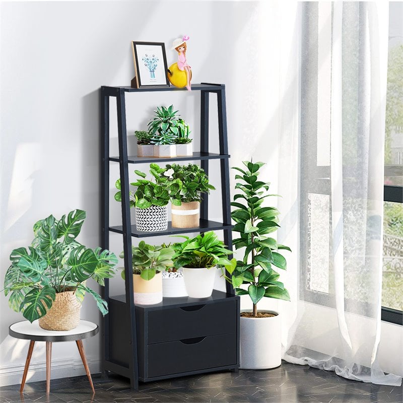 Costway 4-Tier Contemporary MDF Ladder Bookcase with 2 Drawers in Black