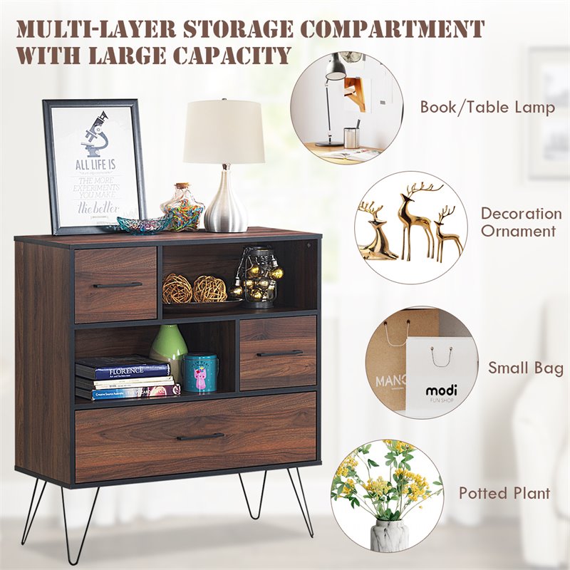Costway Engineered Wood Sideboard with Metal Leg and Drawers in Walnut