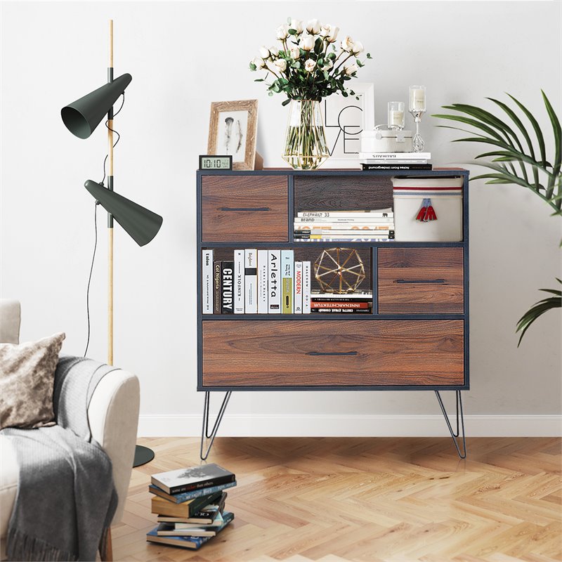 Costway Engineered Wood Sideboard with Metal Leg and Drawers in Walnut