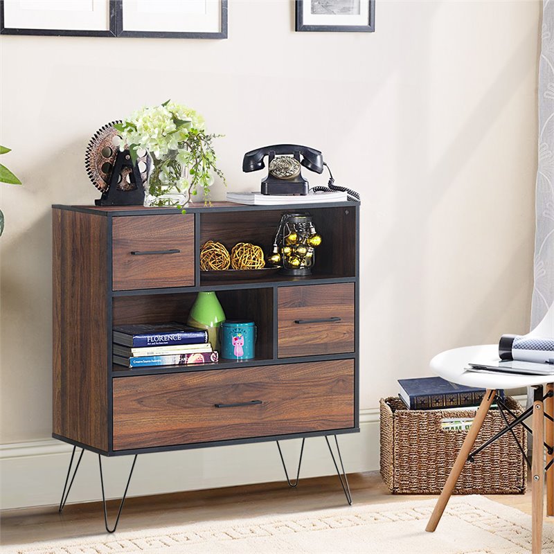 Costway Engineered Wood Sideboard with Metal Leg and Drawers in Walnut