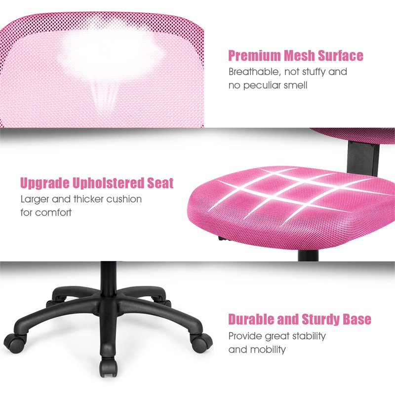 Costway Sponge Adjustable Height Low-Back Armless Computer Desk Chair in Pink