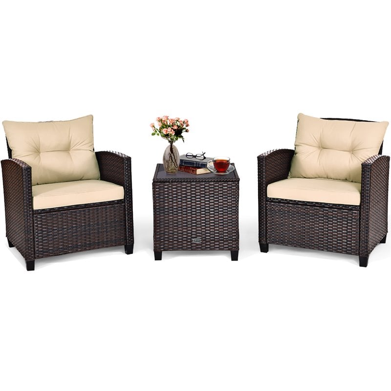 Costway 3-piece Rattan Patio Furniture Set with Back & Seat Cushion in Beige
