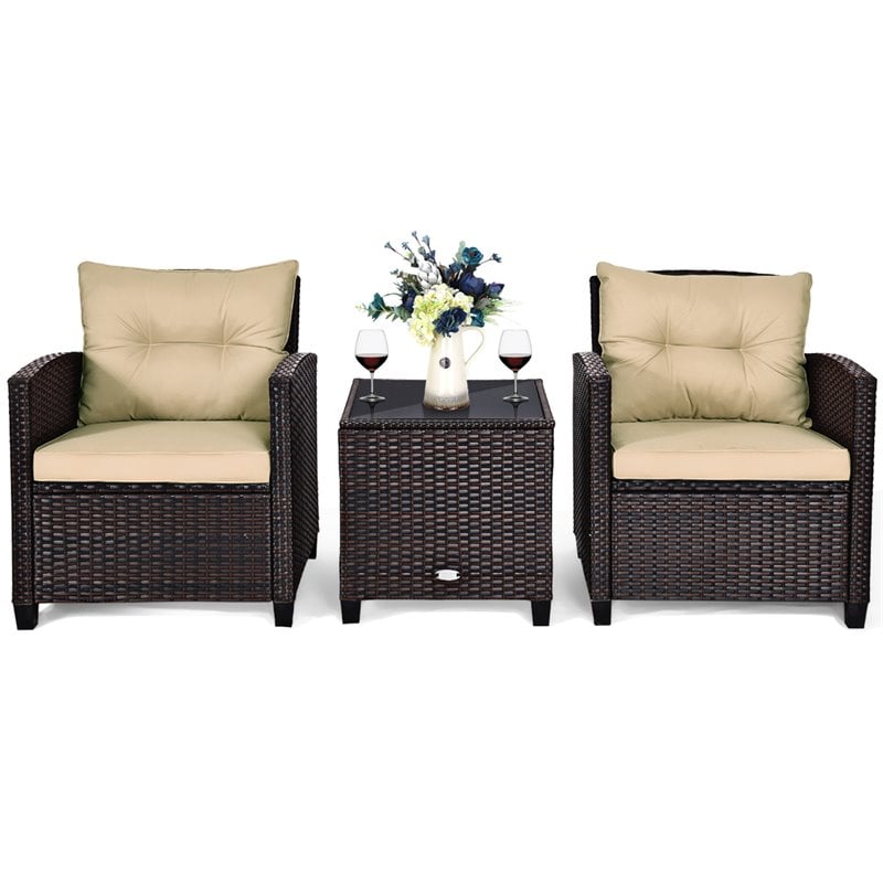Costway 3-piece Rattan Patio Furniture Set with Back & Seat Cushion in Beige