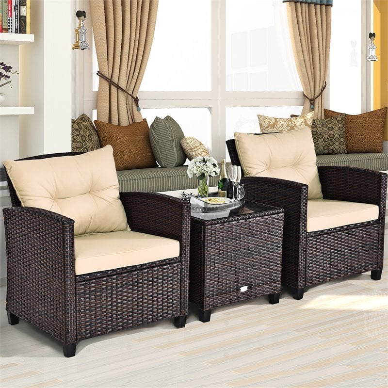 Costway 3-piece Rattan Patio Furniture Set with Back & Seat Cushion in Beige