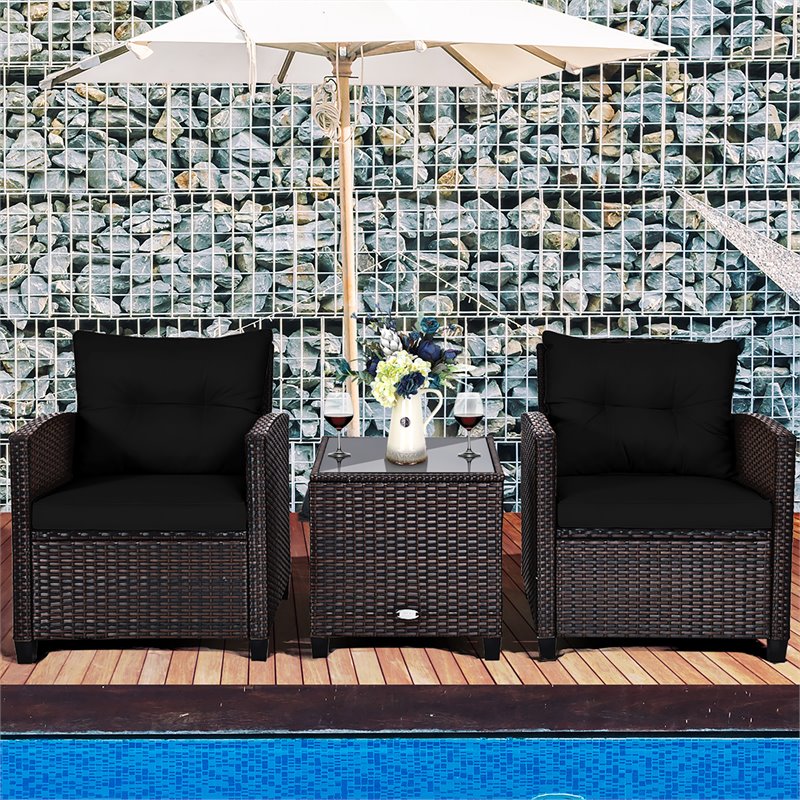 Costway 3-piece Rattan Patio Furniture Set with Back & Seat Cushion in Black