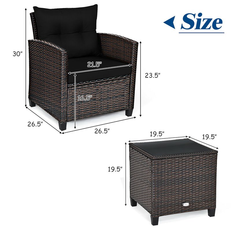 Costway 3-piece Rattan Patio Furniture Set with Back & Seat Cushion in Black