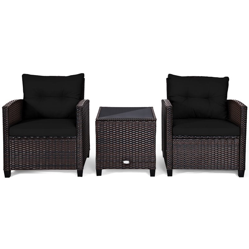 Costway 3-piece Rattan Patio Furniture Set with Back & Seat Cushion in Black