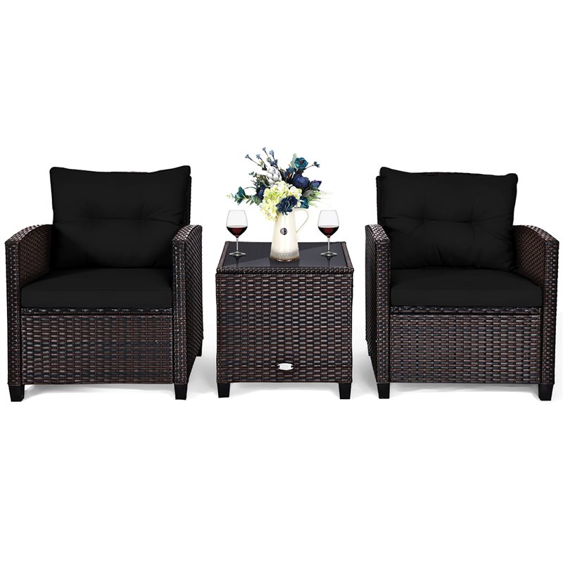 Costway 3-piece Rattan Patio Furniture Set with Back & Seat Cushion in Black