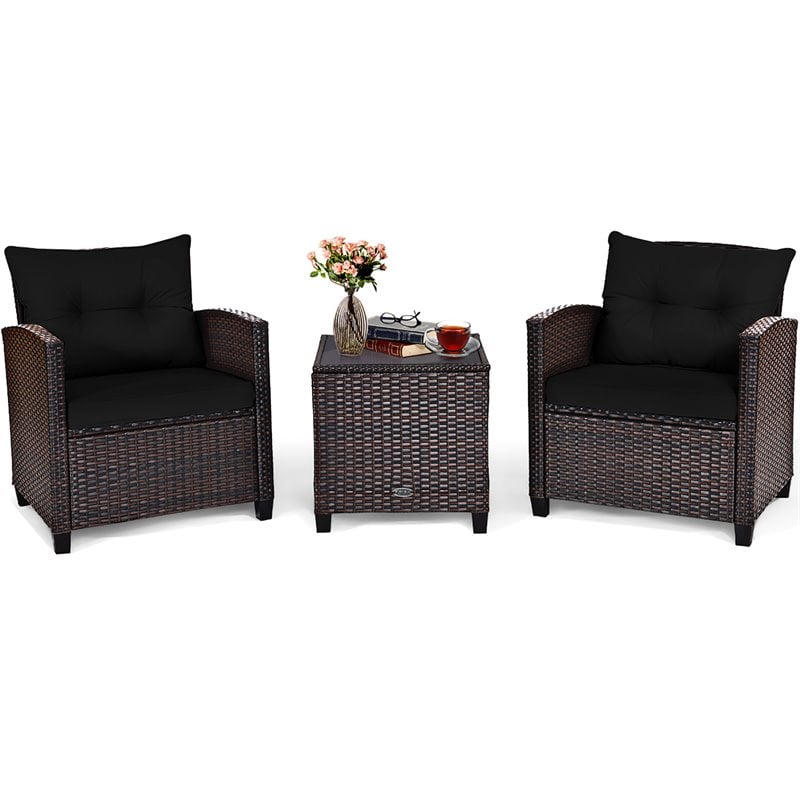 Costway 3-piece Rattan Patio Furniture Set with Back & Seat Cushion in Black