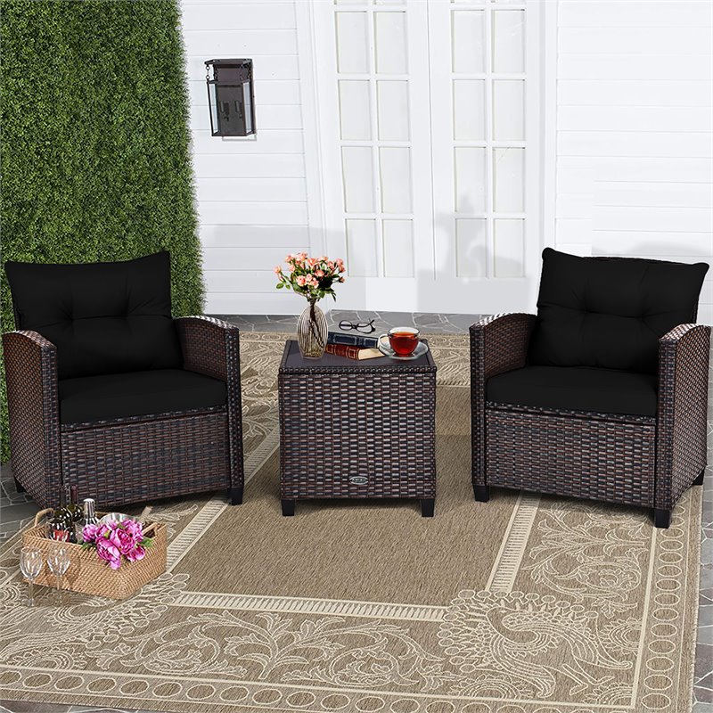 Costway 3-piece Rattan Patio Furniture Set with Back & Seat Cushion in Black