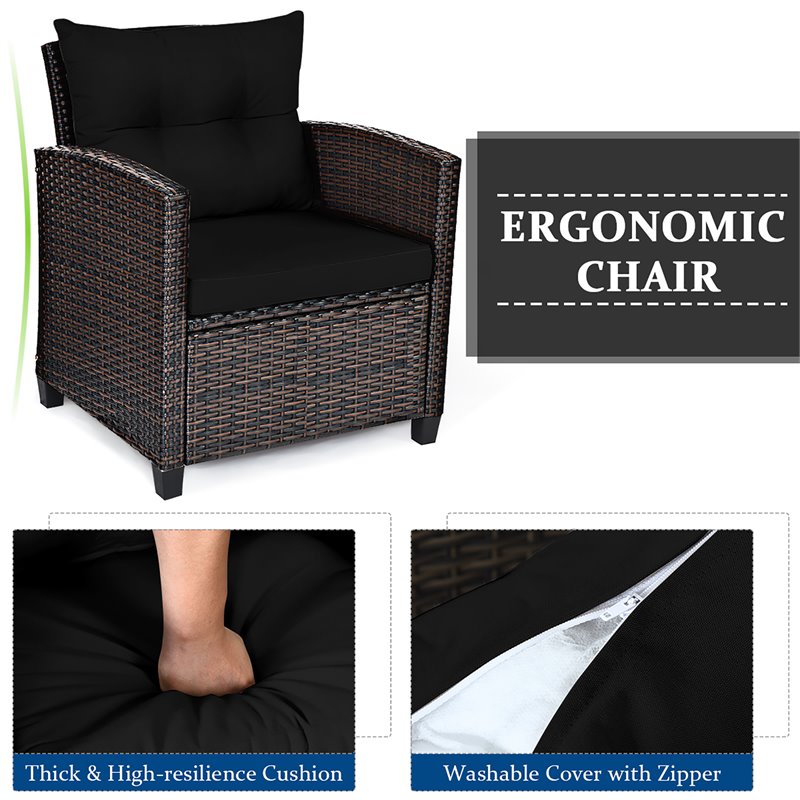 Costway 3-piece Rattan Patio Furniture Set with Back & Seat Cushion in Black