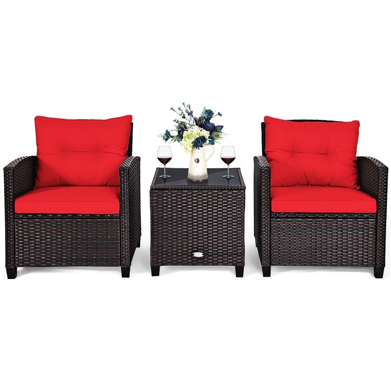 Costway 3-piece Rattan Patio Furniture Set with Back & Seat Cushion in Red