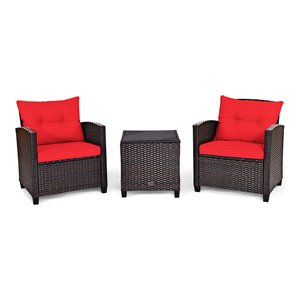 Costway 3-piece Rattan Patio Furniture Set with Back & Seat Cushion in Red