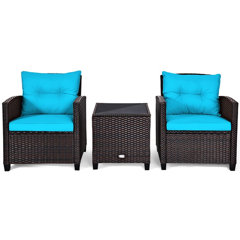 Costway 3-piece Rattan Patio Furniture Set with Back & Seat Cushion in Turquoise