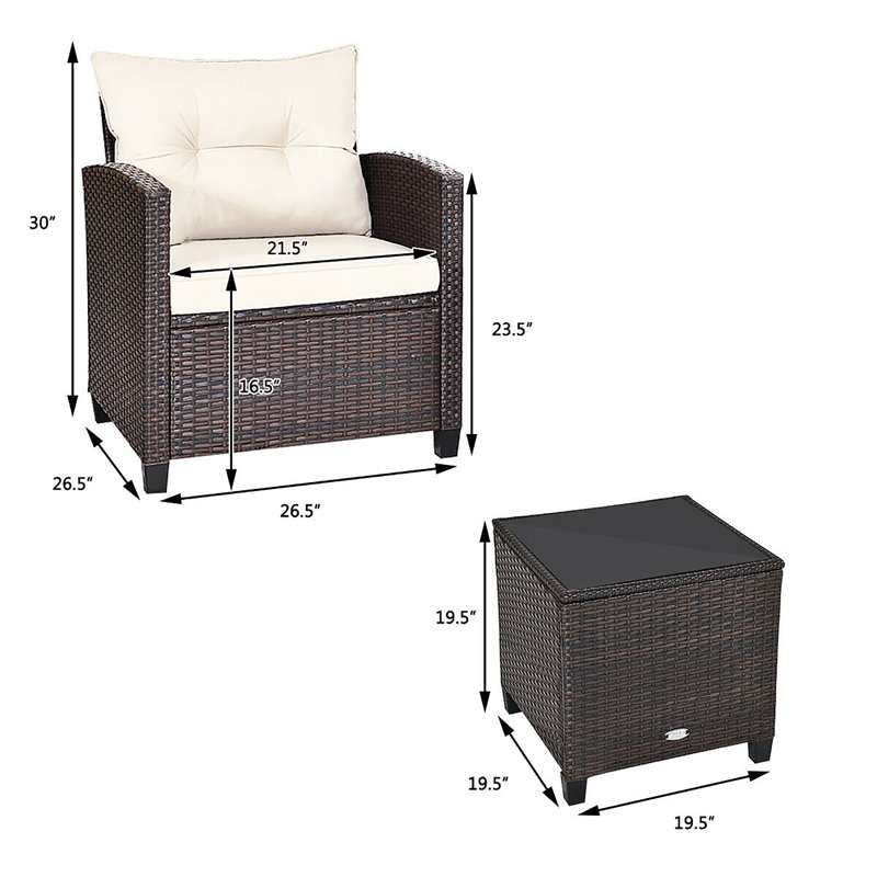 Costway 3-piece Rattan Patio Furniture Set with Back & Seat Cushion in Off White