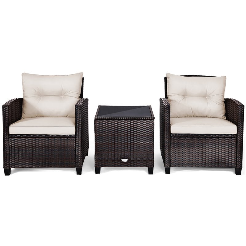 Costway 3-piece Rattan Patio Furniture Set with Back & Seat Cushion in Off White