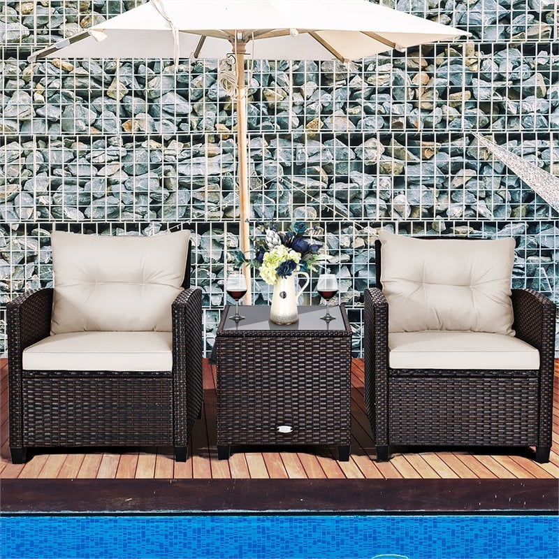 Costway 3-piece Rattan Patio Furniture Set with Back & Seat Cushion in Off White