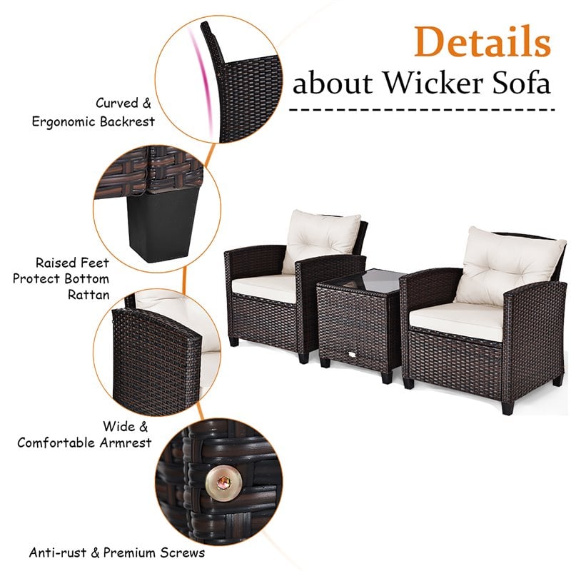 Costway 3-piece Rattan Patio Furniture Set with Back & Seat Cushion in Off White