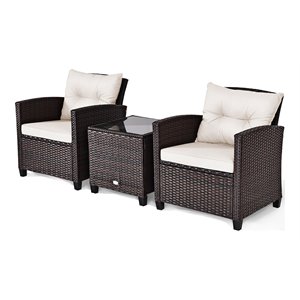 Costway 3-piece Rattan Patio Furniture Set with Back & Seat Cushion in Off White
