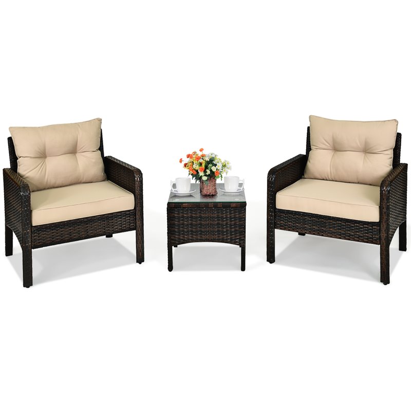Costway 3-piece Rattan Patio Furniture Set with Sofa Chair in Beige