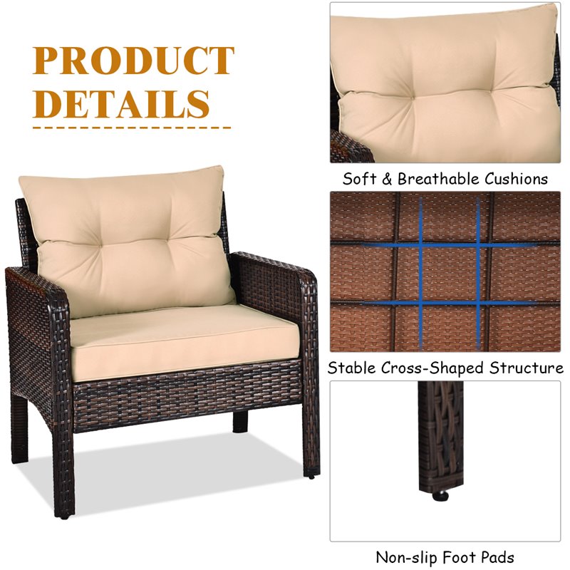 Costway 3-piece Rattan Patio Furniture Set with Sofa Chair in Beige