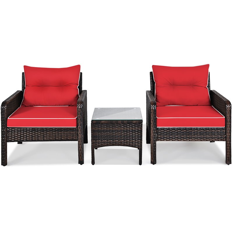 Costway 3-piece Rattan Patio Furniture Set with Sofa Chair in Red