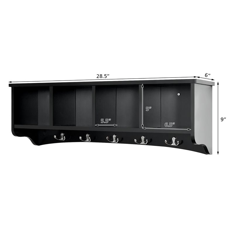 Costway Contemporary P2 MDF Wall Mounted Storage Cabinets with 5 Hooks in Black