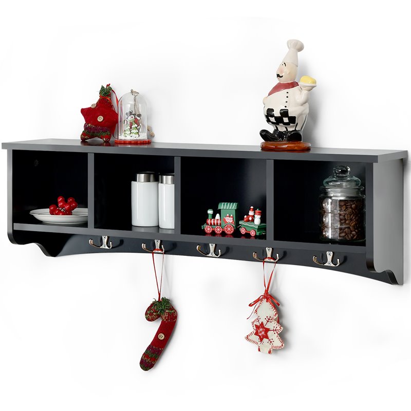 Costway Contemporary P2 MDF Wall Mounted Storage Cabinets with 5 Hooks in Black