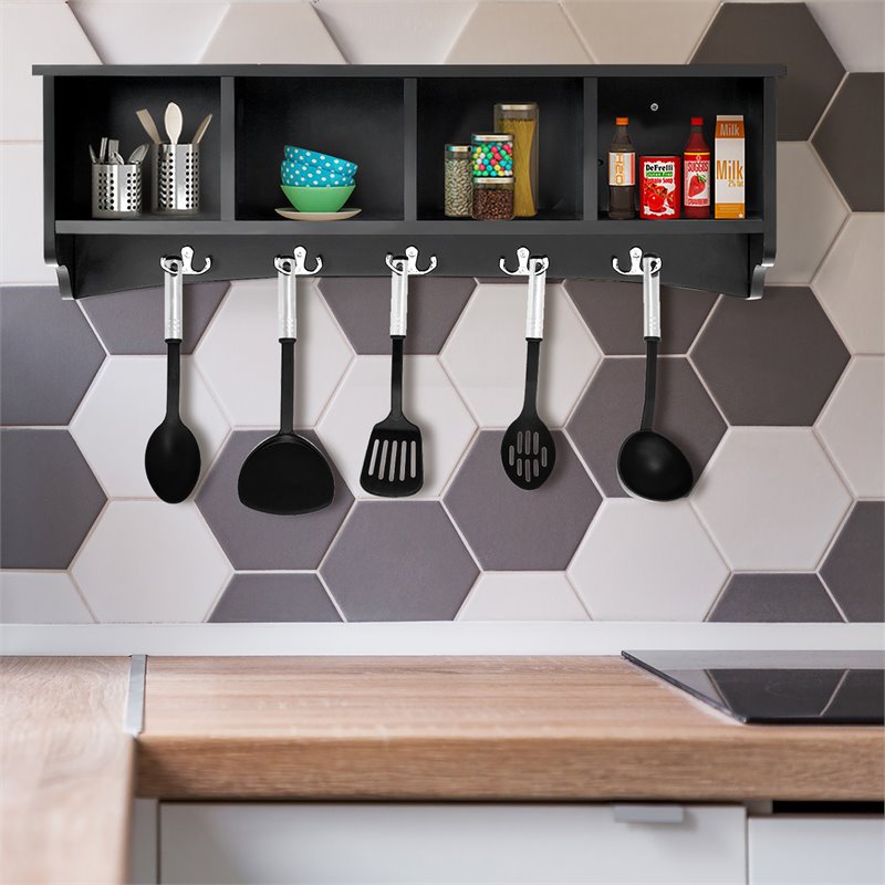 Costway Contemporary P2 MDF Wall Mounted Storage Cabinets with 5 Hooks in Black