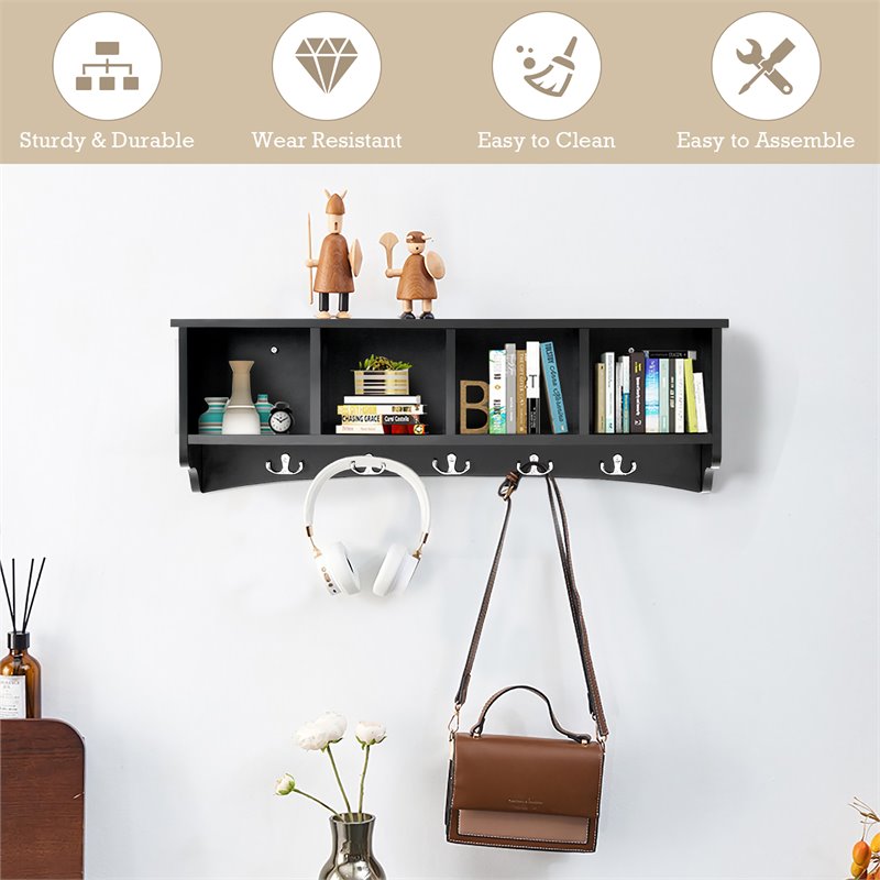 Costway Contemporary P2 MDF Wall Mounted Storage Cabinets with 5 Hooks in Black