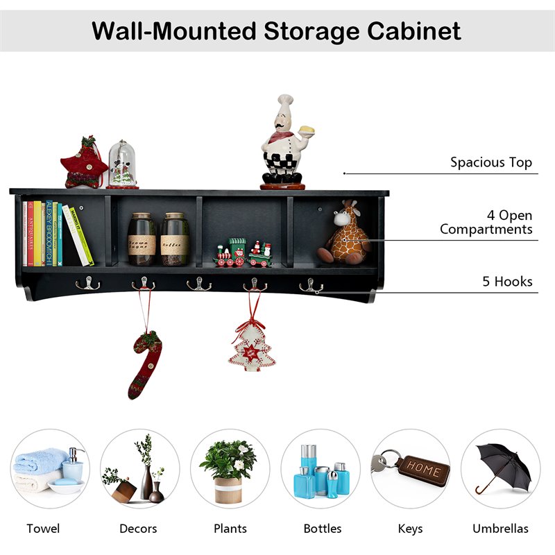 Costway Contemporary P2 MDF Wall Mounted Storage Cabinets with 5 Hooks in Black
