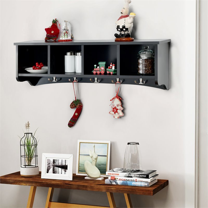 Costway Contemporary P2 MDF Wall Mounted Storage Cabinets with 5 Hooks in Black