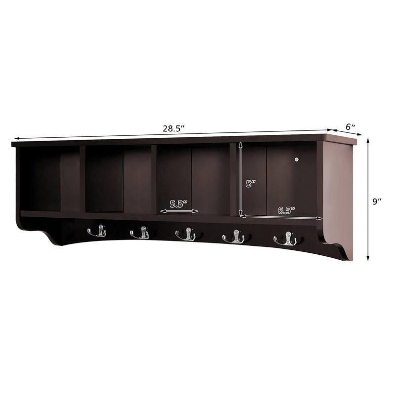 Costway Contemporary P2 MDF Wall Mounted Storage Cabinets with 5 Hooks in Brown