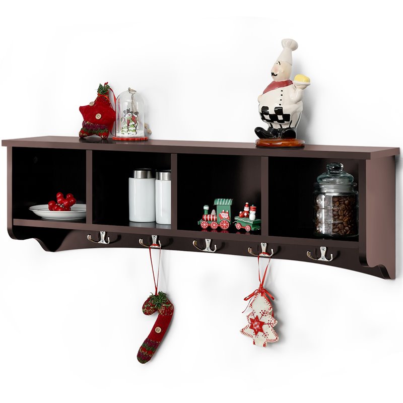 Costway Contemporary P2 MDF Wall Mounted Storage Cabinets with 5 Hooks in Brown
