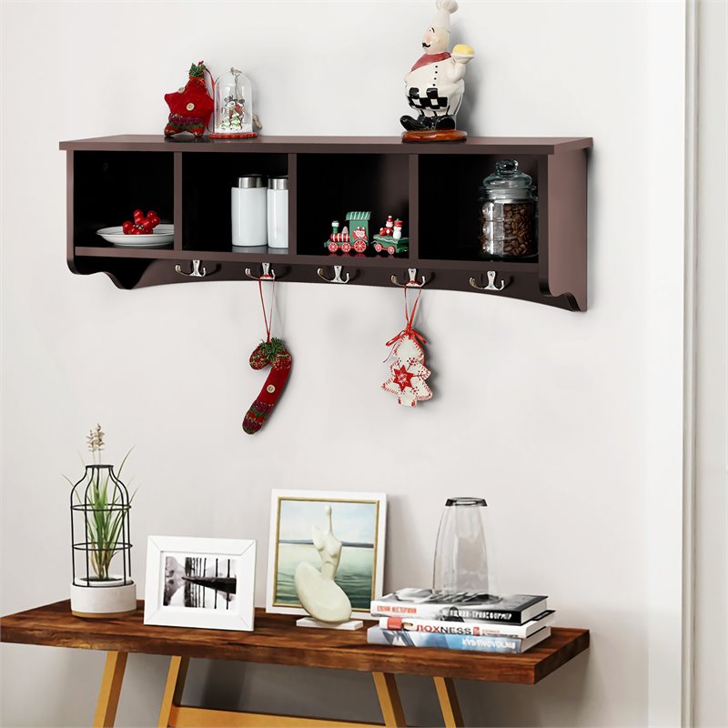 Costway Contemporary P2 MDF Wall Mounted Storage Cabinets with 5 Hooks in Brown