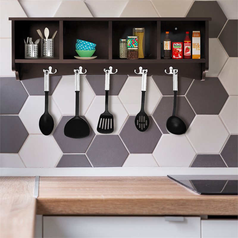 Costway Contemporary P2 MDF Wall Mounted Storage Cabinets with 5 Hooks in Brown