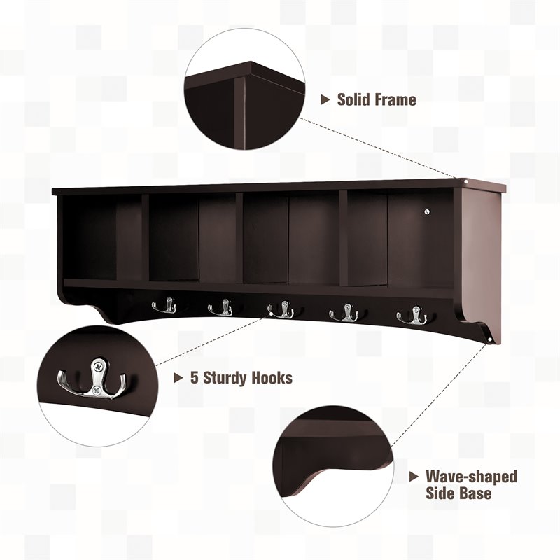 Costway Contemporary P2 MDF Wall Mounted Storage Cabinets with 5 Hooks in Brown