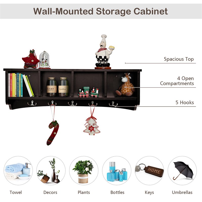 Costway Contemporary P2 MDF Wall Mounted Storage Cabinets with 5 Hooks in Brown