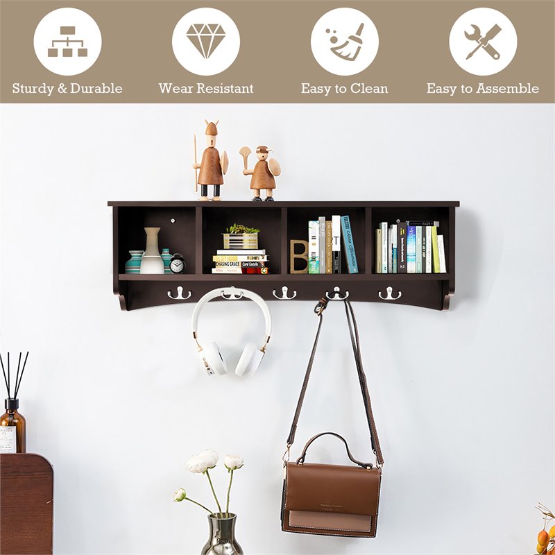 Costway Contemporary P2 MDF Wall Mounted Storage Cabinets with 5 Hooks in Brown
