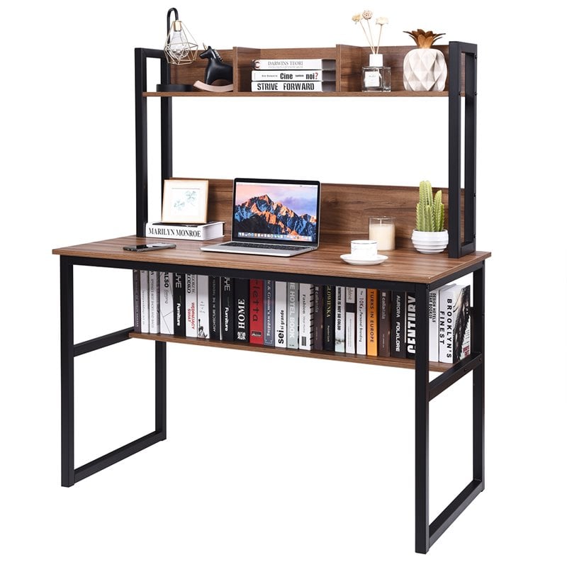 Costway Contemporary MDF and Iron Computer Desk with Hutch Bookshelf in Walnut