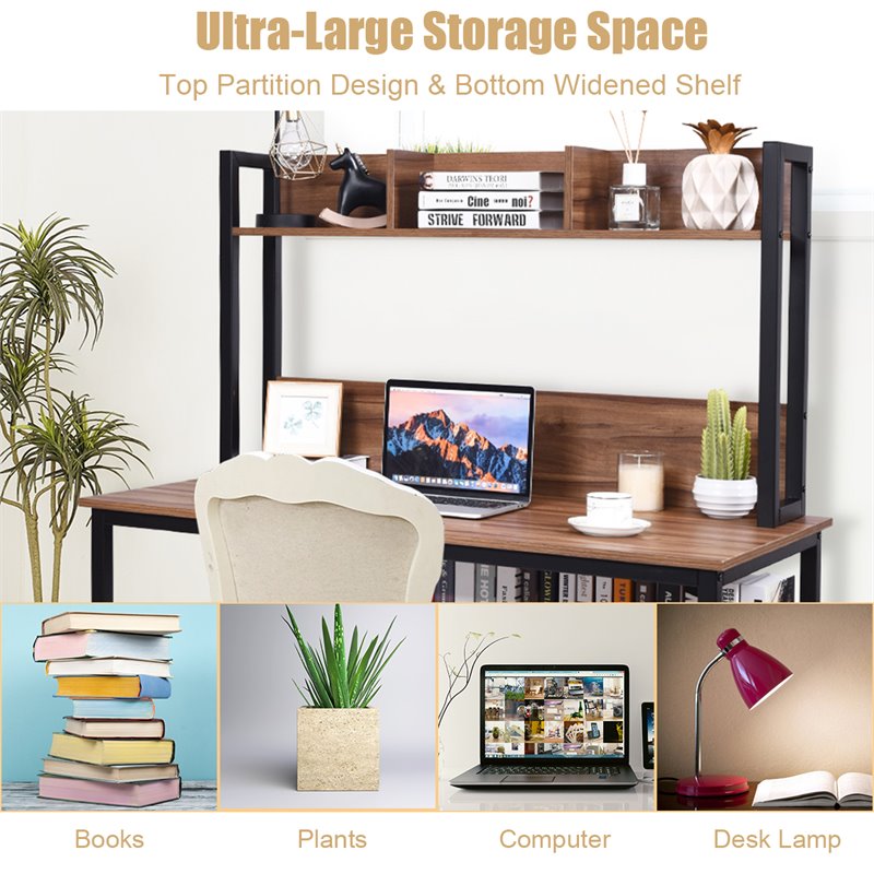Costway Contemporary MDF and Iron Computer Desk with Hutch Bookshelf in Walnut