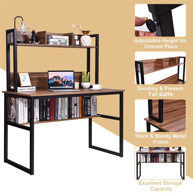 Costway Contemporary MDF and Iron Computer Desk with Hutch Bookshelf in Walnut