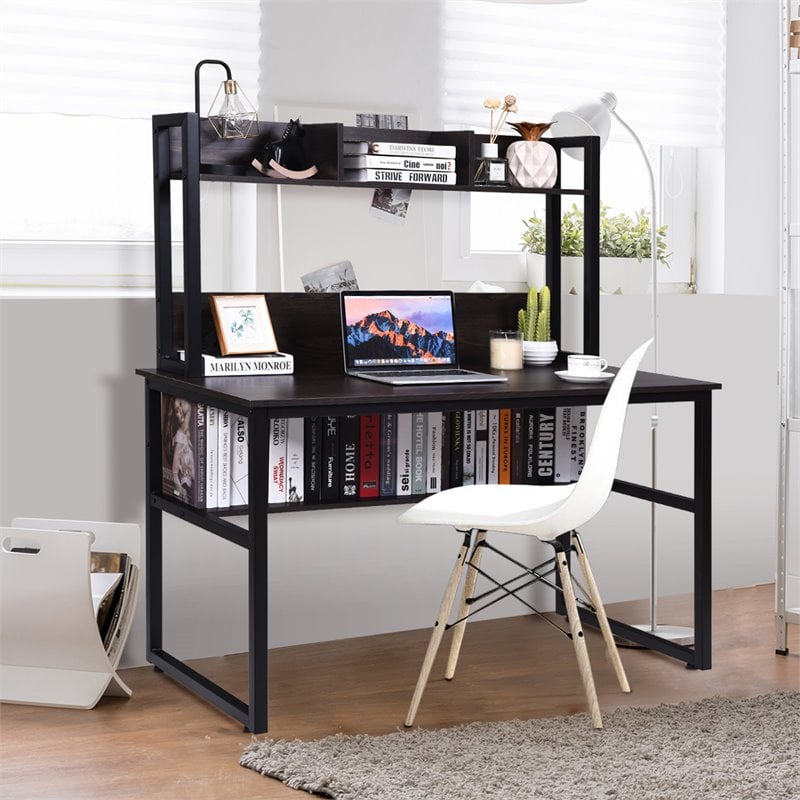 Costway Contemporary MDF and Iron Computer Desk with Hutch Bookshelf in Brown