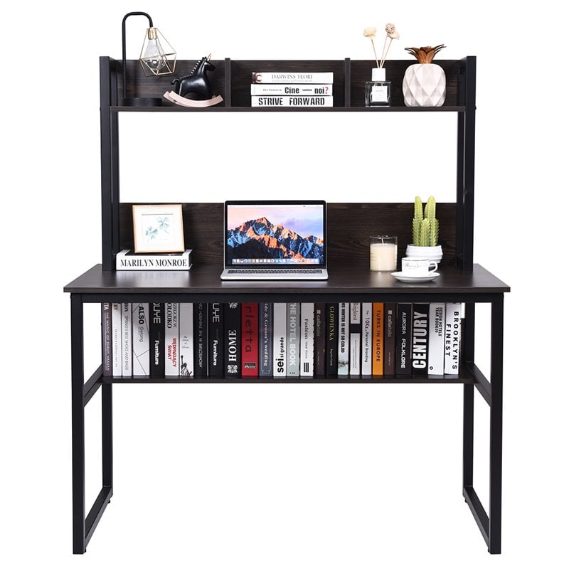 Costway Contemporary MDF and Iron Computer Desk with Hutch Bookshelf in Brown