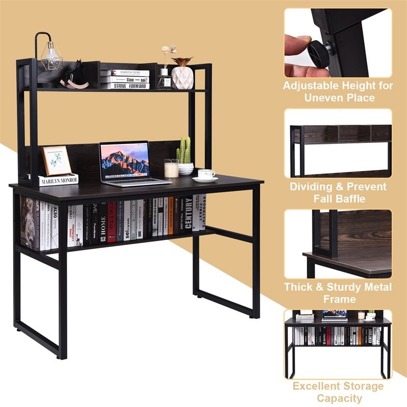 Costway Contemporary MDF and Iron Computer Desk with Hutch Bookshelf in Brown