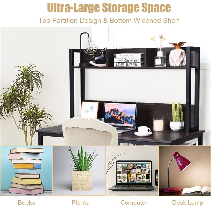 Costway Contemporary MDF and Iron Computer Desk with Hutch Bookshelf in Brown