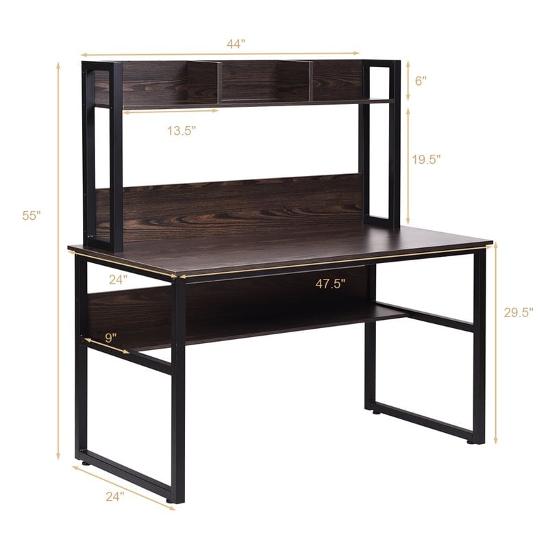 Costway Contemporary MDF and Iron Computer Desk with Hutch Bookshelf in Brown
